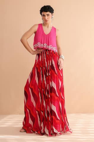 Pallavi Jaipur Fuchsia Collar Boho Top With Lehar Print Skirt 