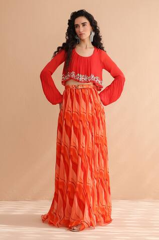 Pallavi Jaipur Coral Collar Boho Top With Lehar Print Skirt Set 