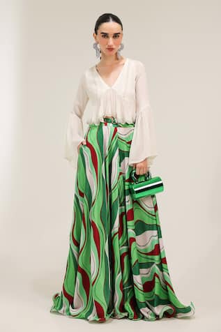 Pallavi Jaipur Ivory Top & Forest Green Lehar Print Skirt Set 