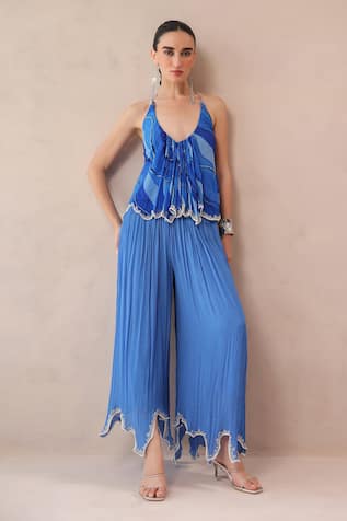 Pallavi Jaipur Vegas Blue Halter Top With Ocean Blue Palazzo 