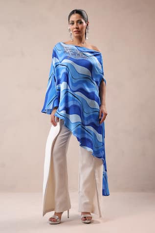 Pallavi Jaipur Atlantic Blue Cruise Cape With Creme Fall Pant 