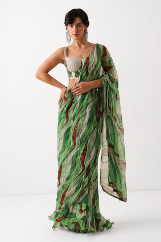 Pallavi Jaipur Lush Green Lehar Pre-Draped Saree With Corset Blouse 