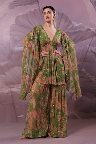 Pallavi Jaipur City Of Joy Avacado Green Tunic With Sharara 