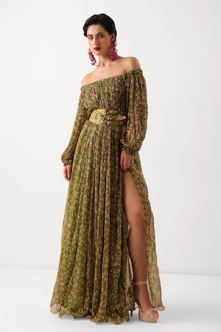 Pallavi Jaipur Avacado Green Eden Garden Dress With Belt 