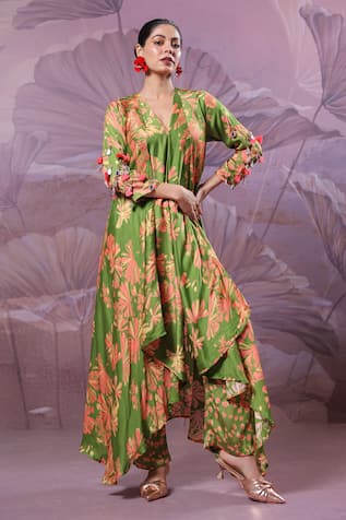 Pallavi Jaipur Ballygunge Avacado Green Tassel Tunic With Pant 