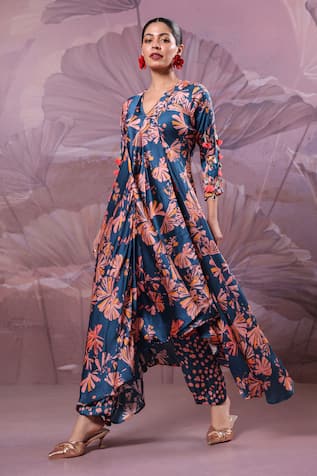 Pallavi Jaipur Ballygunge Prussian Blue Tassel Tunic With Pant 