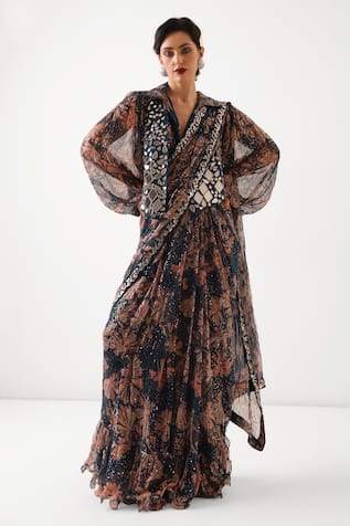 Pallavi Jaipur Prussian Blue Pre-Draped Saree & Sheesha Waistcoat Set 