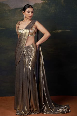 Thetaa Hand Embroidered Blouse With Pre-Draped Saree 