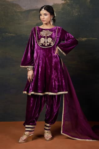 Thetaa Hand-Embroidered Velvet Purple Kalidar Anarkali Set 