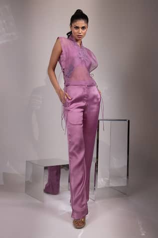 Yoseba Embroidered Sheer Top With Trouser 