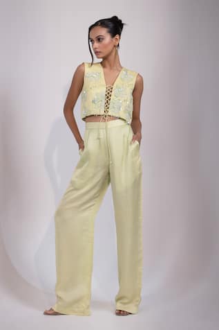 Yoseba Green Hand Embroidered Lace Up Top & Pant Set 
