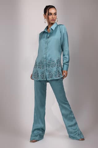 Yoseba Teal Embroidered Longline Shirt With Pant 