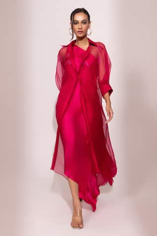 Yoseba Fuchsia Satin Gown with Sheer Overlay 