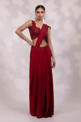 Yoseba Red Embellished Pre-Draped Saree With Blouse 