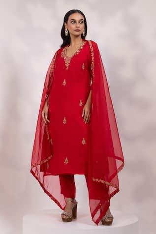 Yoseba Red Embroidered Kurta Set 