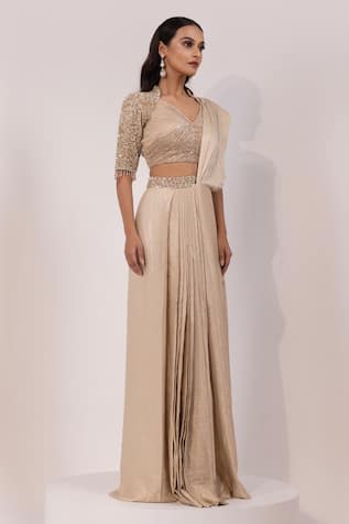 Yoseba Sequin Embellished Blouse With Pre-Draped Saree 