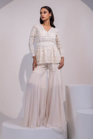 Yoseba Lace Embellished Peplum Top With Sharara 