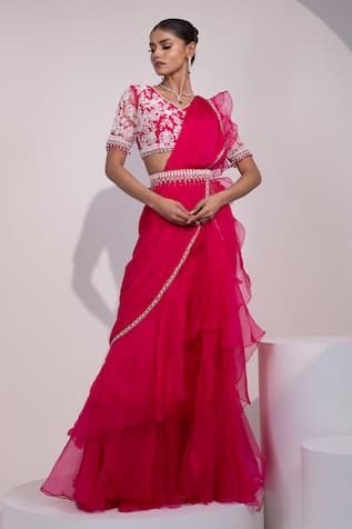 Yoseba Pre-Draped Saree With Embroidered Blouse 
