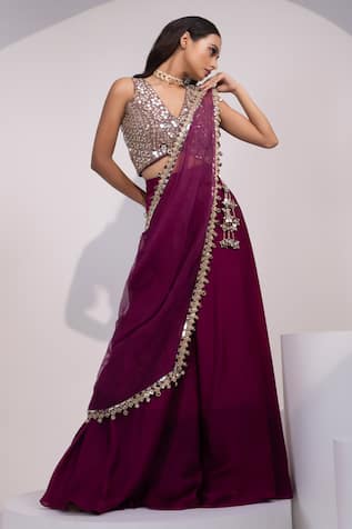 Yoseba Mirror Embellished Blouse With Pre-Draped Sharara Saree 