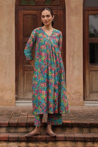 Vaayu Teal Bloom Print Kurta & Pant Set 