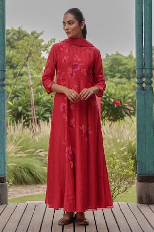 Vaayu Berry Floral Print Anarkali With Dupatta 