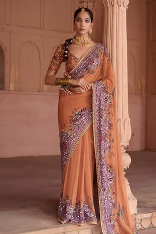 Irrau By Samir Mantri Kesar Border Embroidered Saree With Blouse 