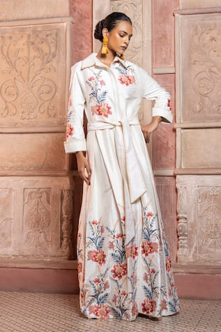 Shruti Sancheti White Chintz Embroidered Gown With Belt 