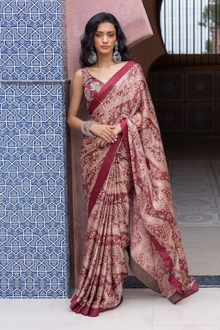 Shruti Sancheti Maroon Satin Paisley Printed Saree With Blouse 