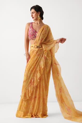 Pallavi Jaipur Butter Yellow Pre-Draped Saree With Phool Gota Blouse 