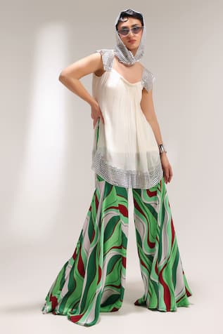Pallavi Jaipur Beverly Hills Creme Tunic With Bell Bottoms Pant 