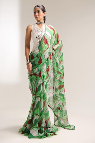 Pallavi Jaipur Lush Green Lehar Pre-Draped Saree With Waistcoat 