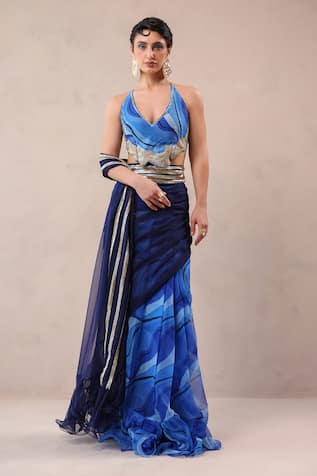 Pallavi Jaipur Atlantic Lehar Print Pre-Pleated Saree With Blouse 