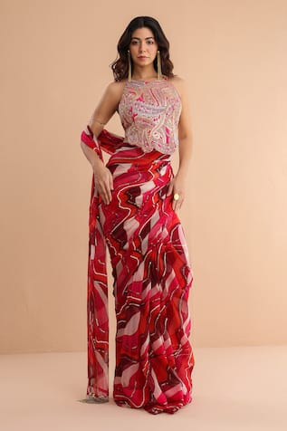 Pallavi Jaipur Cosmopolitan Print Pre-Draped Saree With Backless Blouse 