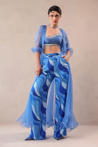 Pallavi Jaipur Ocean Blue Sheer Jacket & Lehar Print Pant Set 
