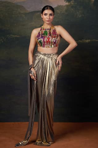 Thetaa Backless Halter Neck Blouse Draped Dhoti Skirt Set 