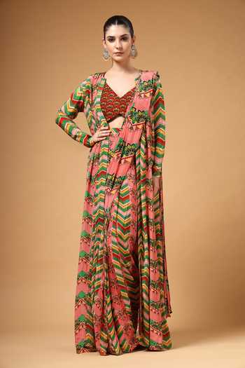 Gazab by Miku Kumar Zyona Floral Pattern Pre-Draped Saree & Cape Set 