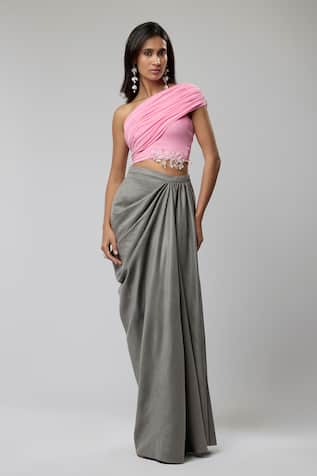 Naina Seth Ruched One Shoulder Top With Draped Skirt 