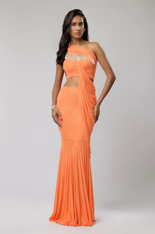 Naina Seth Cantaloupe Draped Blouse & Skirt Set 