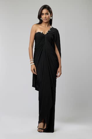 Naina Seth Midnight Pearl Draped Gown 