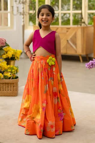 Purple Crop Top With Printed Skirt 