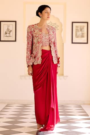 Osaa By Adarsh Cut Ruby Embroidered Open Jacket & Draped Set 