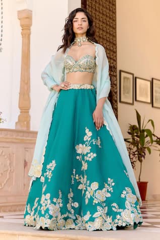 Osaa By Adarsh Pine Green Jaal Embroidered Lehenga Set 