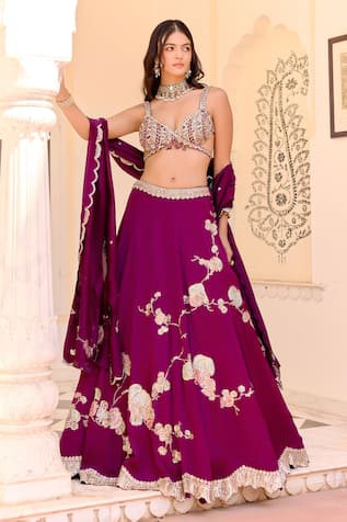 Osaa By Adarsh Dark Plum Jaal Placement Embroidered Lehenga Set 