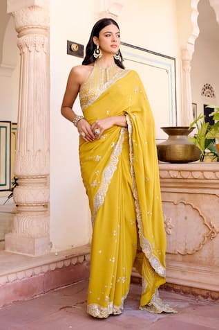 Osaa By Adarsh Canary Embroidered Saree With Halter Blouse 