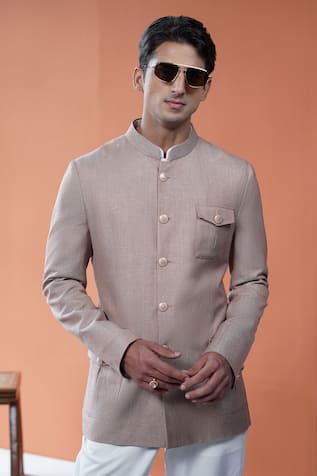 Philocaly Mrinal Linen Bandhgala With Flap Pockets 