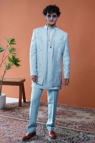 Philocaly Neelraj Set Pintuck & Floral Dori Embroidered Bandhgala Kurta Set 