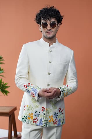 Philocaly Malhaar Floral Embroidered Silk Blend Bandhgala 