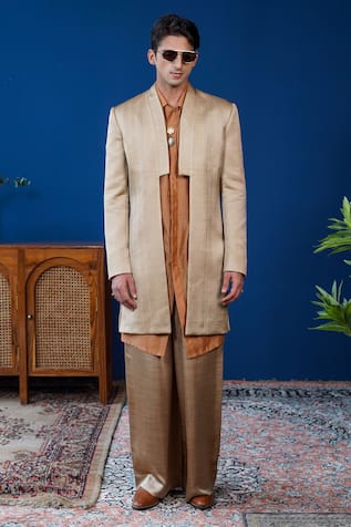 Philocaly Rivat Pintuck Shawl Lapel Open Indowestern Jacket 