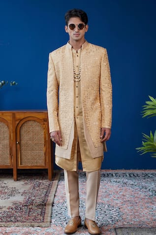 Philocaly Amber Pintuck Open Sherwani & Embroidered Kurta 