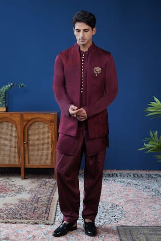 Philocaly Arohan Embroidered Open-Front Linen Satin Bundi 